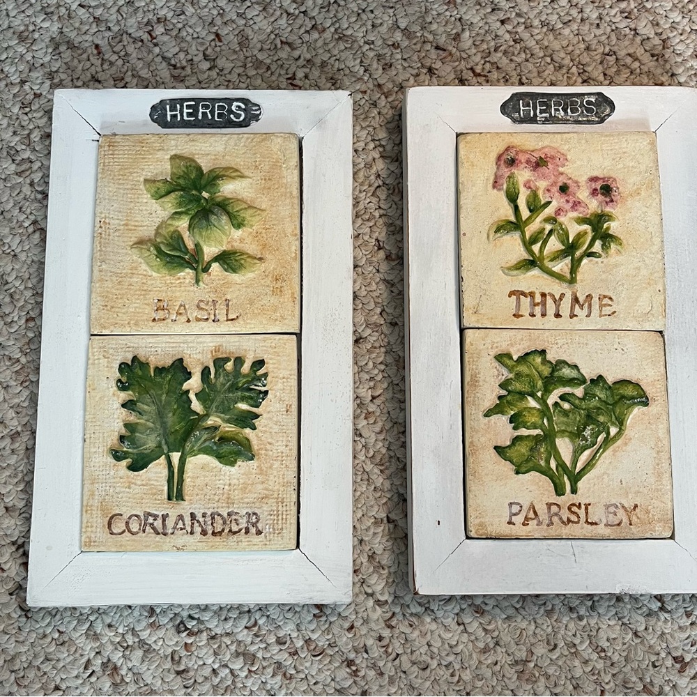 Set of 2 Wood Plaques Wall Hanging Herbs - thyme parsley basil coriander.